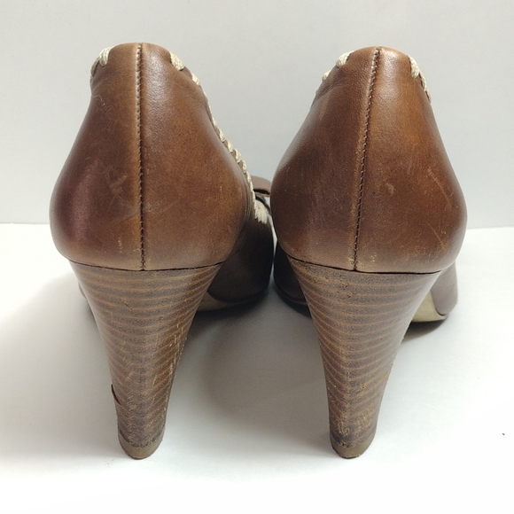 Franco Sarto Flicker Leather Laced Edge Peep Toe Heel l Size 8 M l Tan Cream - Picture 6 of 13